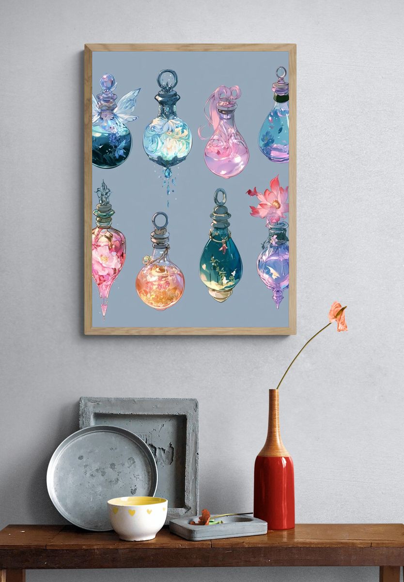 Enchanted Glass Bottles Illustration Print. — room view 3