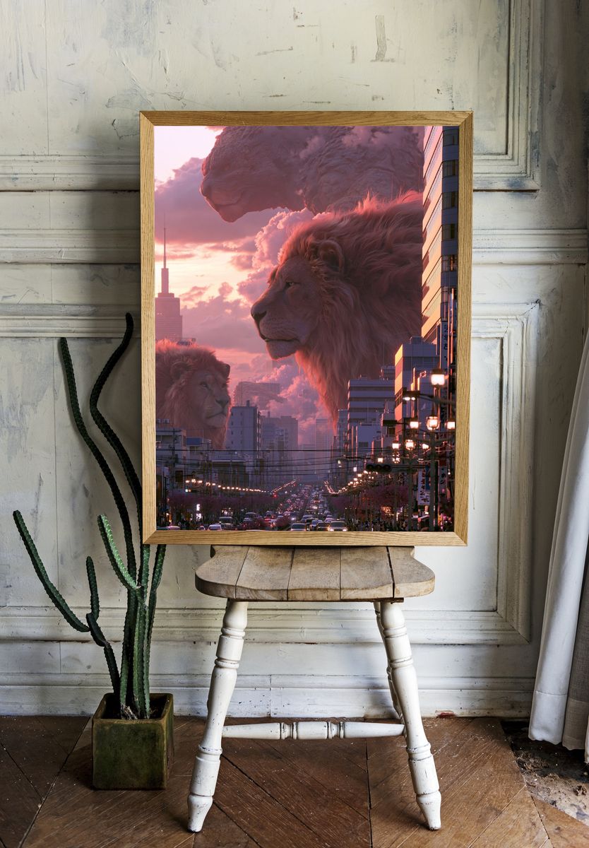 Giant Lions Over Tokyo Sunset Poster. — room view 1