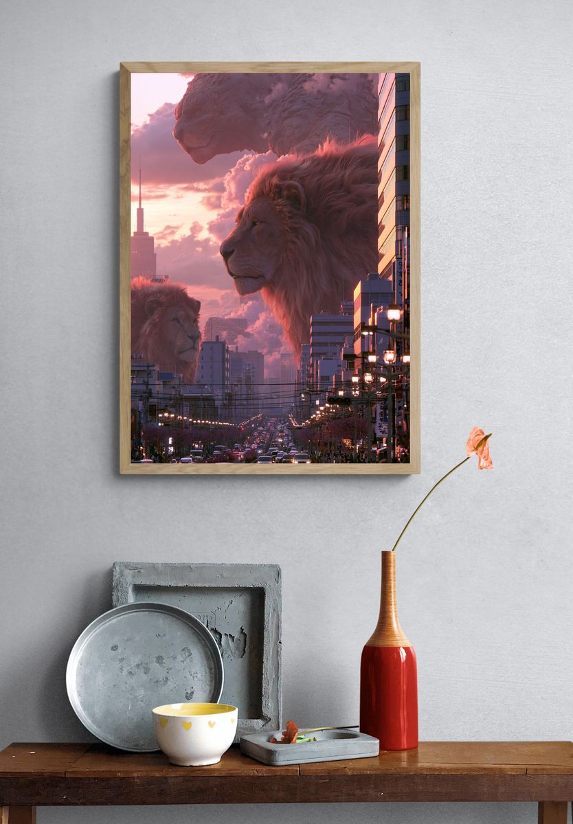 Giant Lions Over Tokyo Sunset Poster. — room view 3