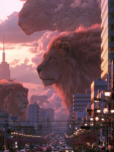 Giant Lions Over Tokyo Sunset Poster. poster