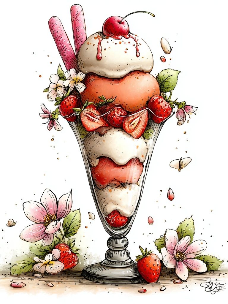 Strawberry Sundae Watercolor Print. poster — illustration art