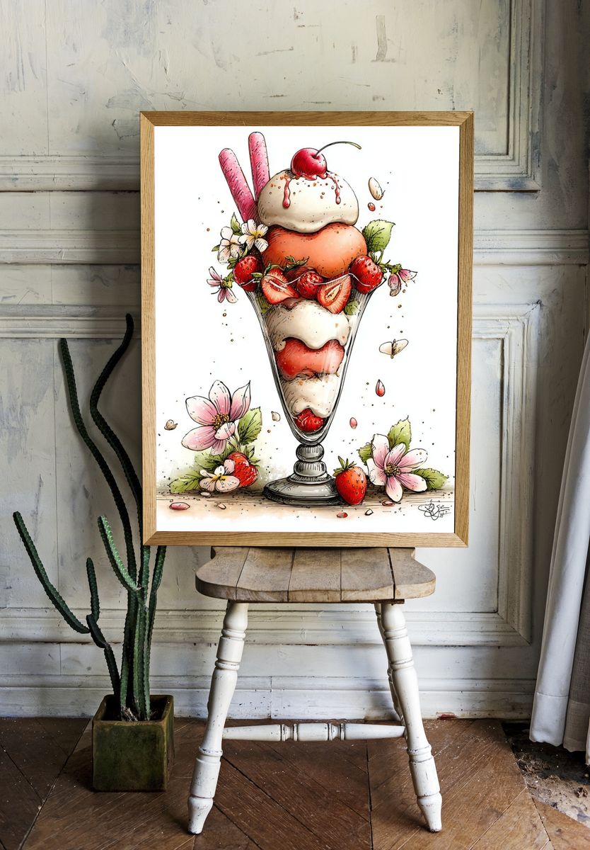 Strawberry Sundae Watercolor Print room preview