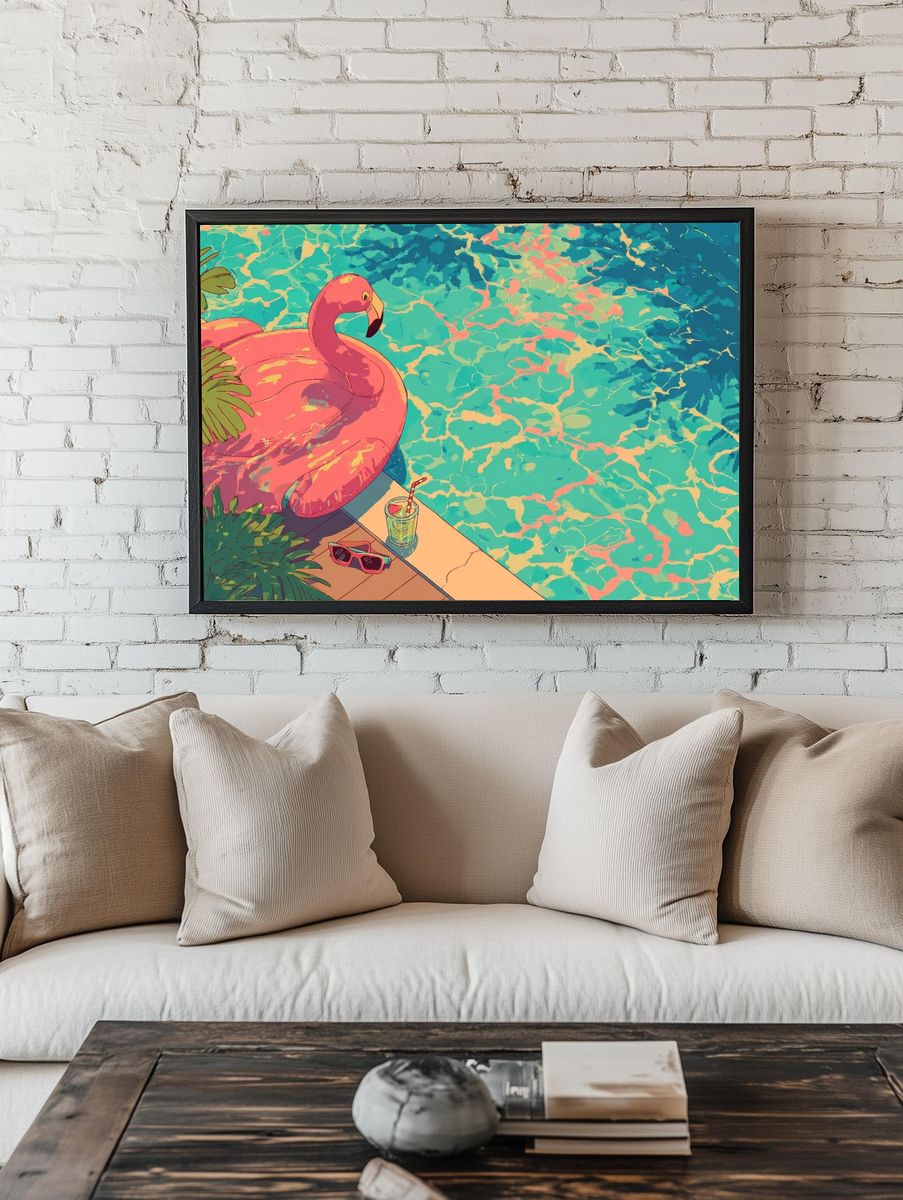 Pink Flamingo Poolside Illustration Poster room preview