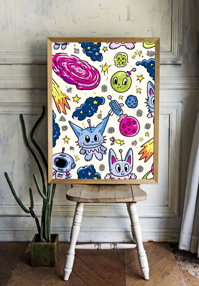 Cute Space Cats Illustration Poster. — room view 1