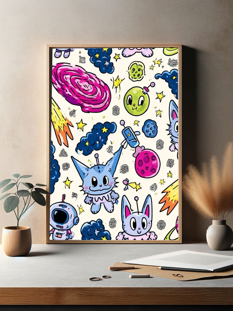 Cute Space Cats Illustration Poster. — room view 2