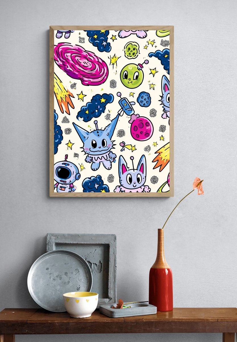 Cute Space Cats Illustration Poster. — room view 3