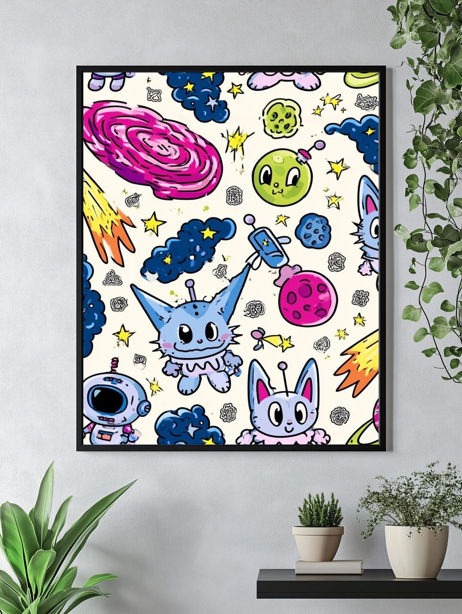 Cute Space Cats Illustration Poster. — room view 4