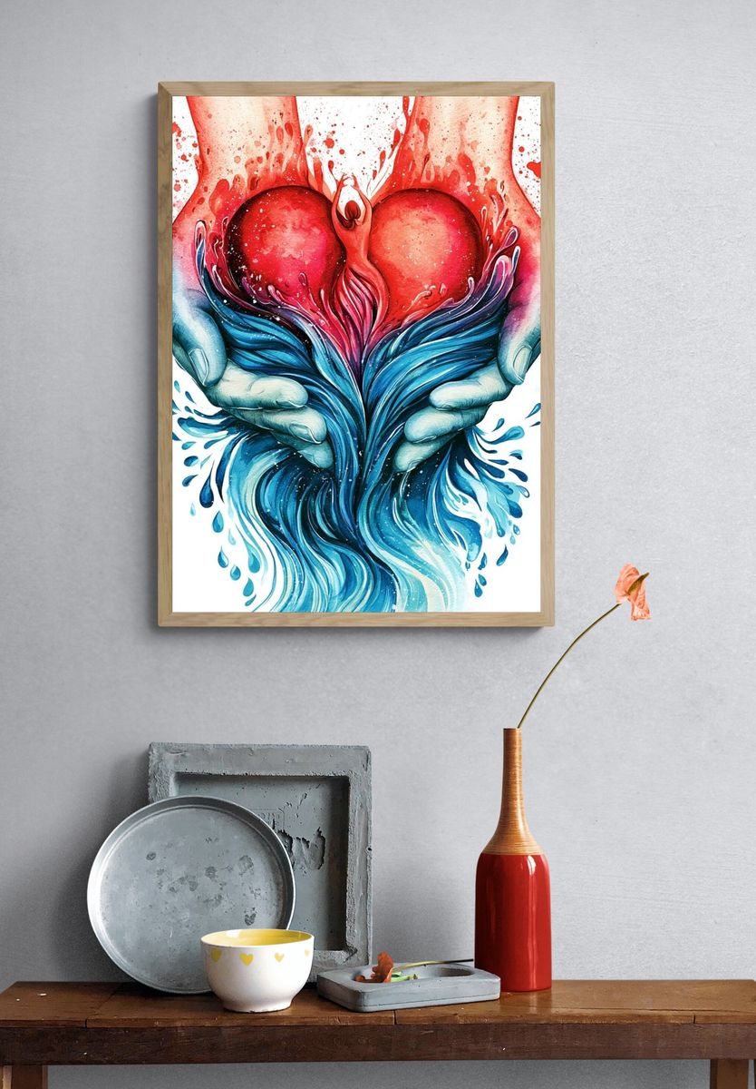 Heart in Hands Watercolor Print. — room view 3