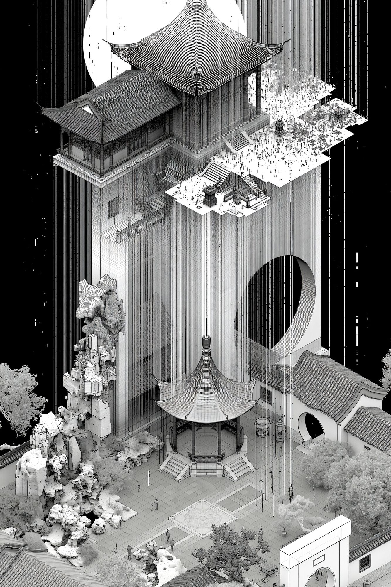 Monochrome Temple Cityscape Poster. poster detail