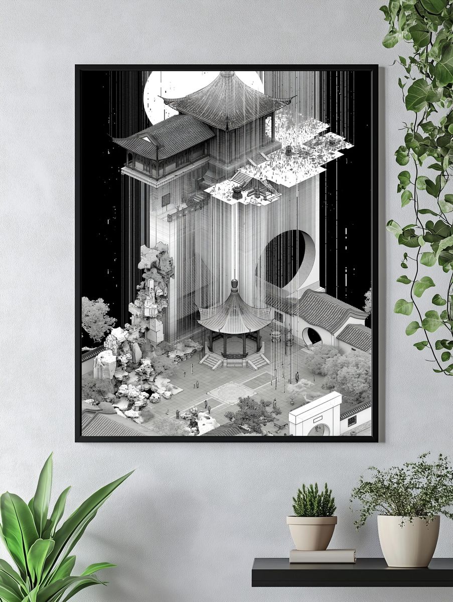 Monochrome Temple Cityscape Poster. — room view 4