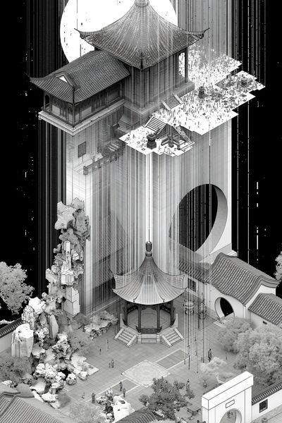 Monochrome Temple Cityscape Poster. poster