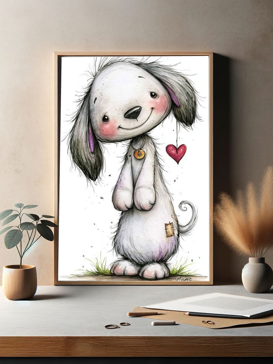 Cute Puppy with Heart Illustration Print. — room view 2