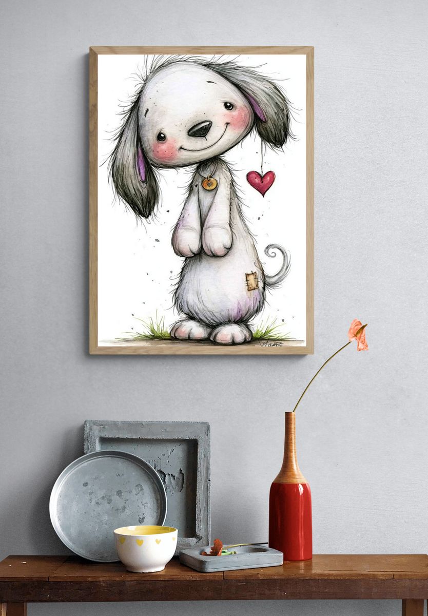 Cute Puppy with Heart Illustration Print. — room view 3