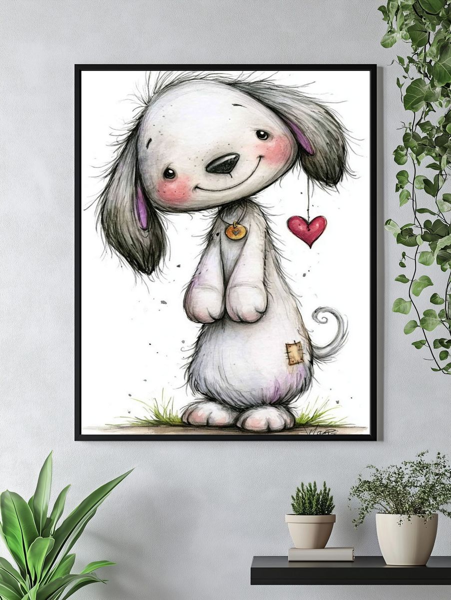 Cute Puppy with Heart Illustration Print. — room view 4