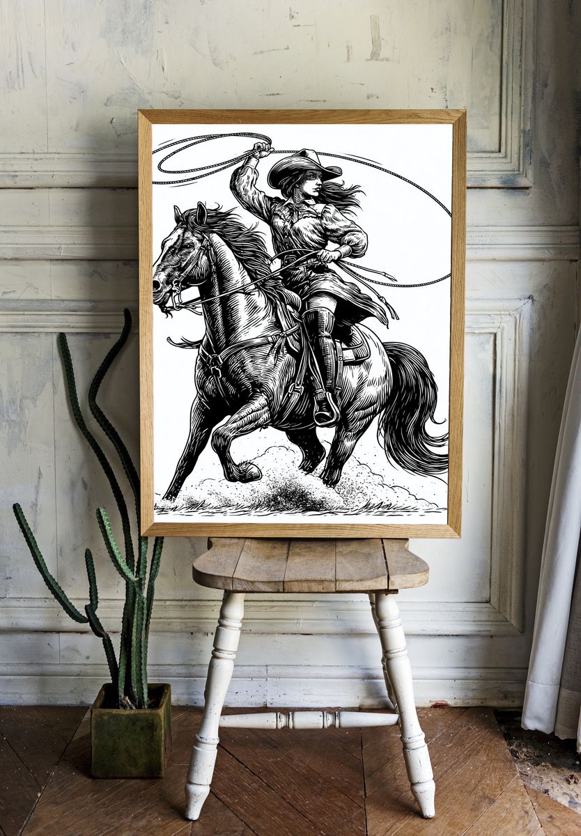 Cowgirl Rodeo Line Art Poster. — room view 1