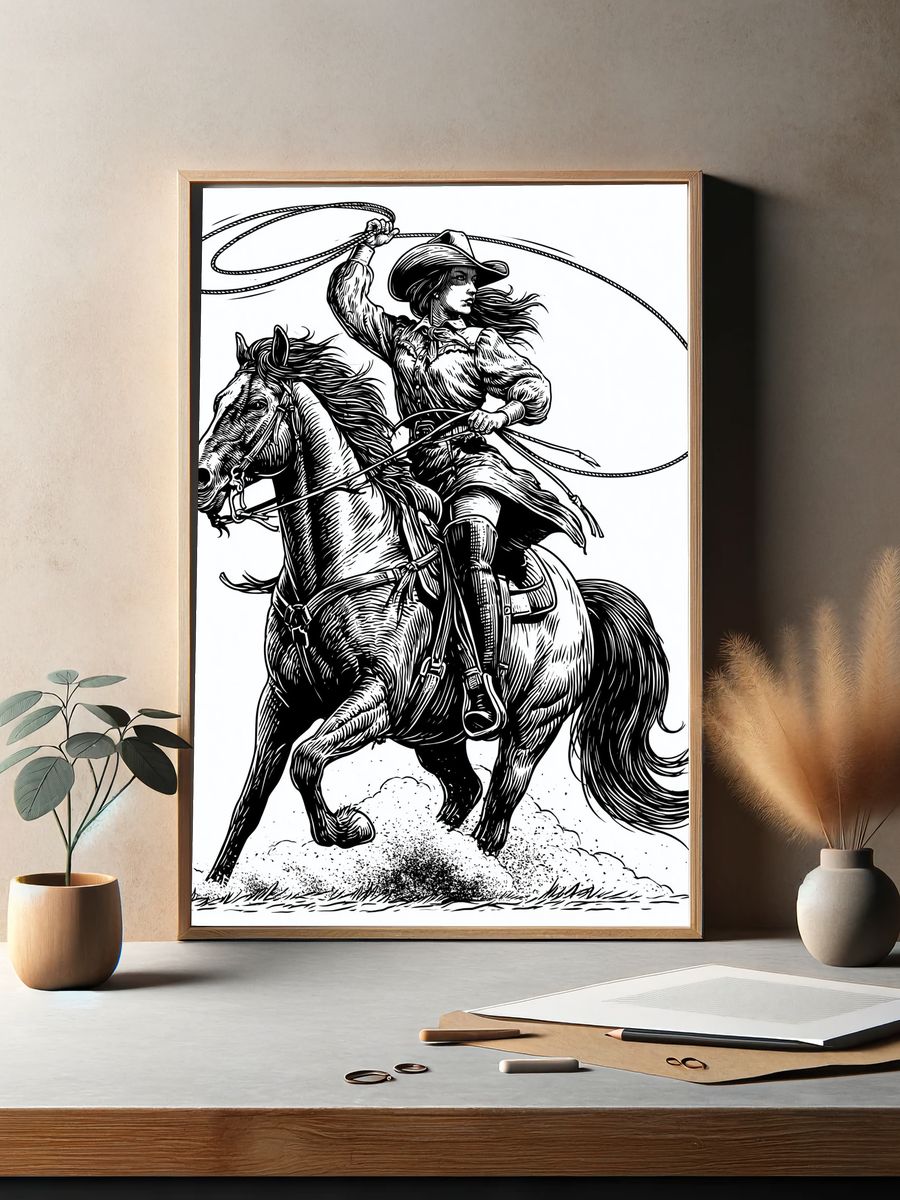 Cowgirl Rodeo Line Art Poster. — room view 2