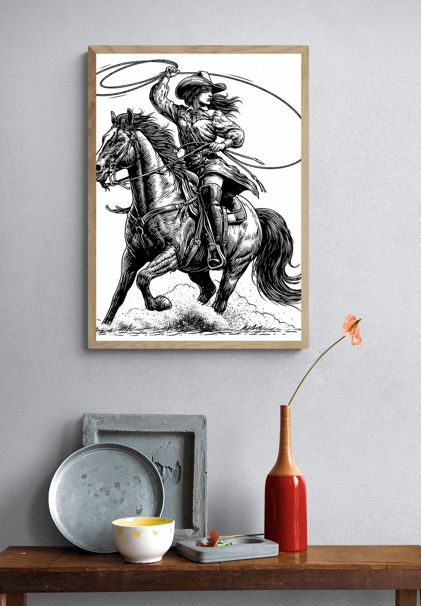Cowgirl Rodeo Line Art Poster. — room view 3