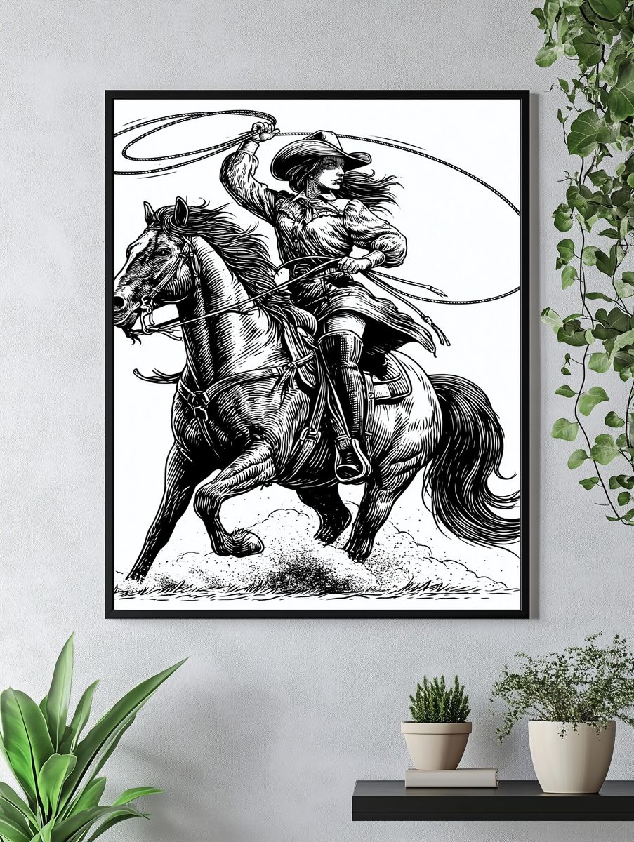 Cowgirl Rodeo Line Art Poster. — room view 4