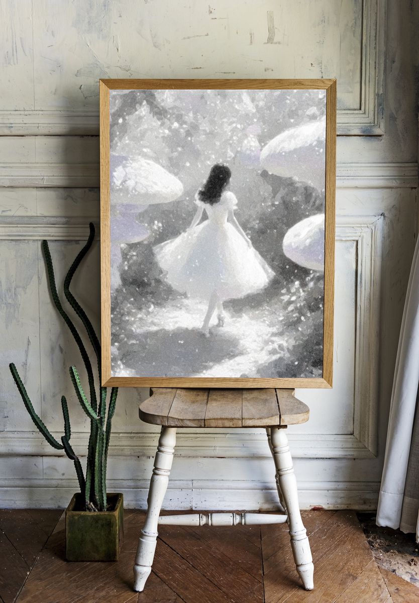 Dreamlike Girl in Mushroom Forest Print. room preview