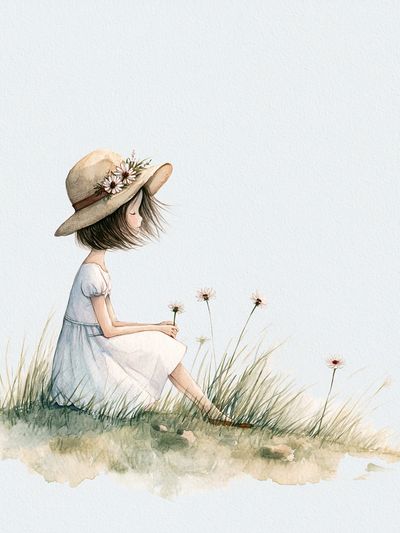 Girl in Meadow Watercolor Print. poster print