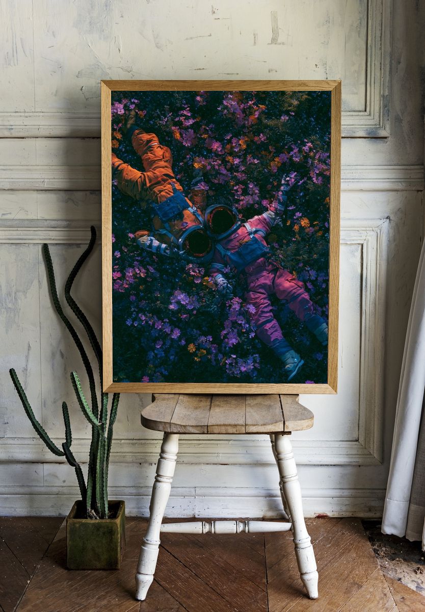 Astronaut in Flower Field Illustration Poster. — room view 1