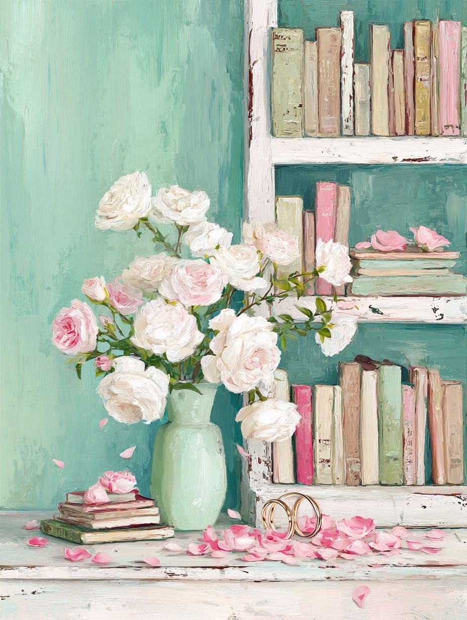 Blush Roses and Books Illustration Poster. poster detail