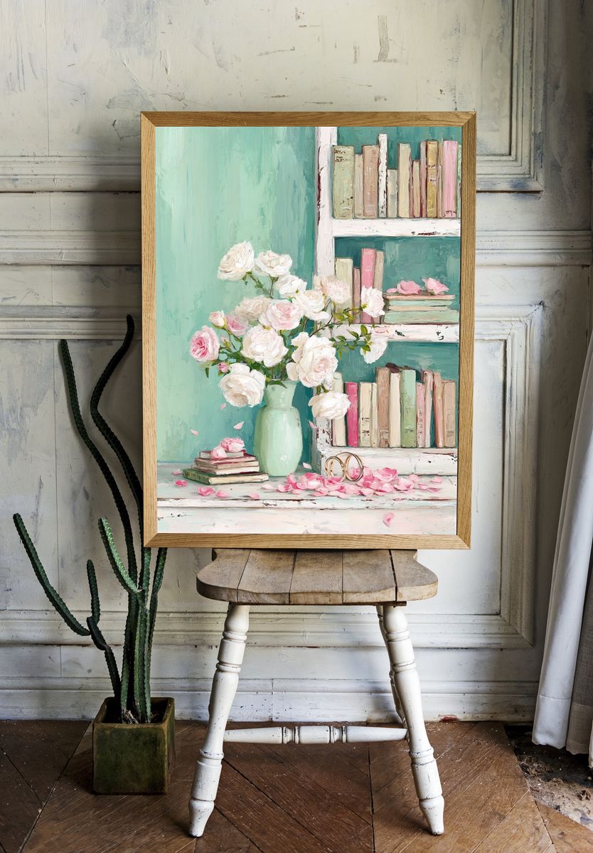 Blush Roses and Books Illustration Poster. room preview