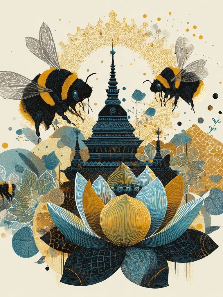 Bee Lotus Temple Illustration Poster. poster — illustration art