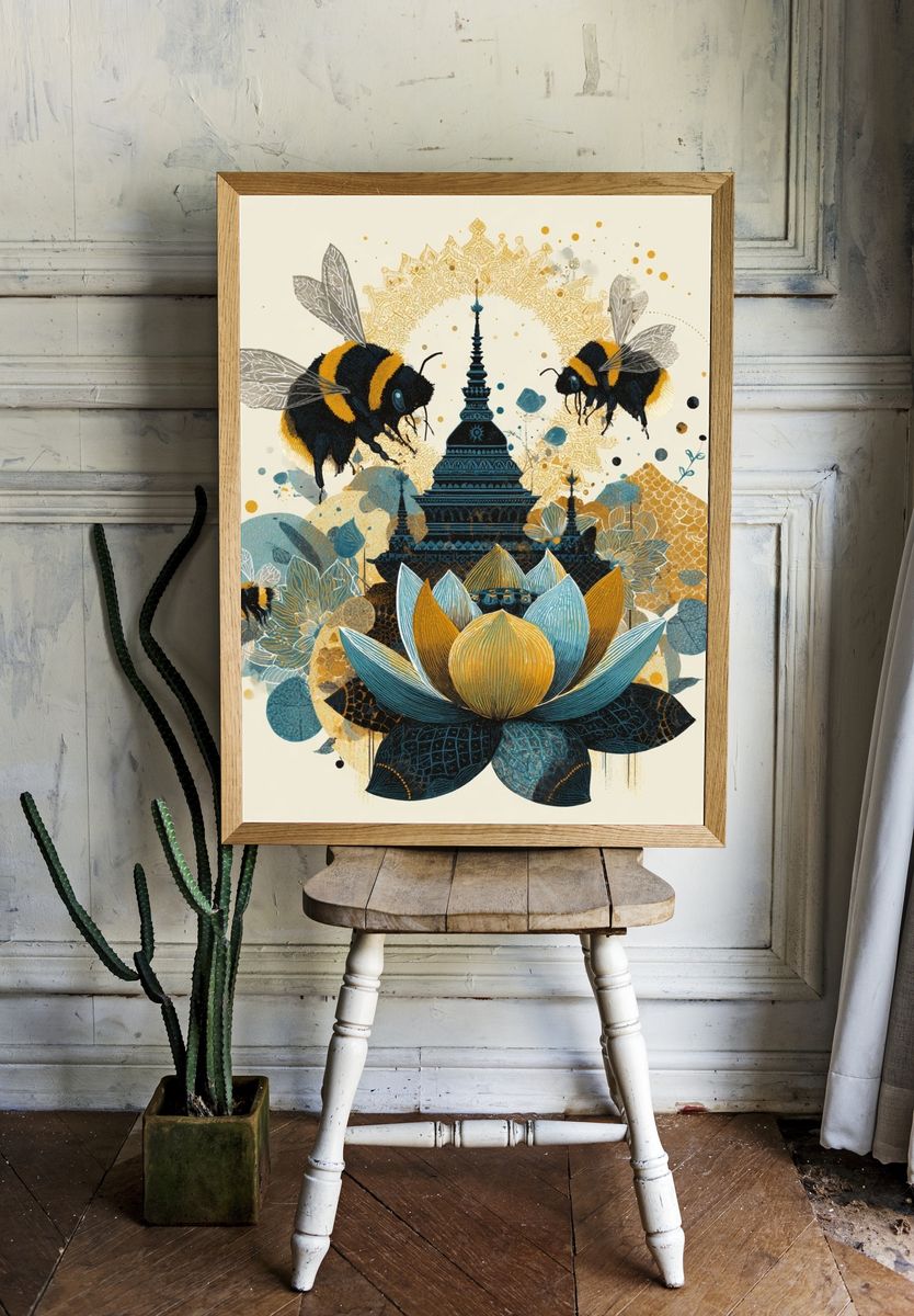 Bee Lotus Temple Illustration Poster room preview