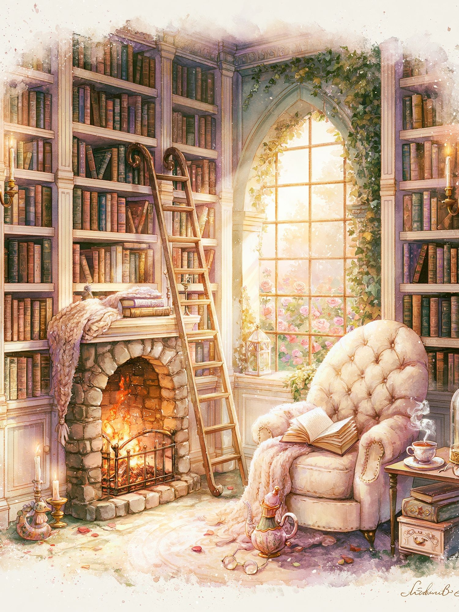 Cozy Library Reading Nook Print. poster detail