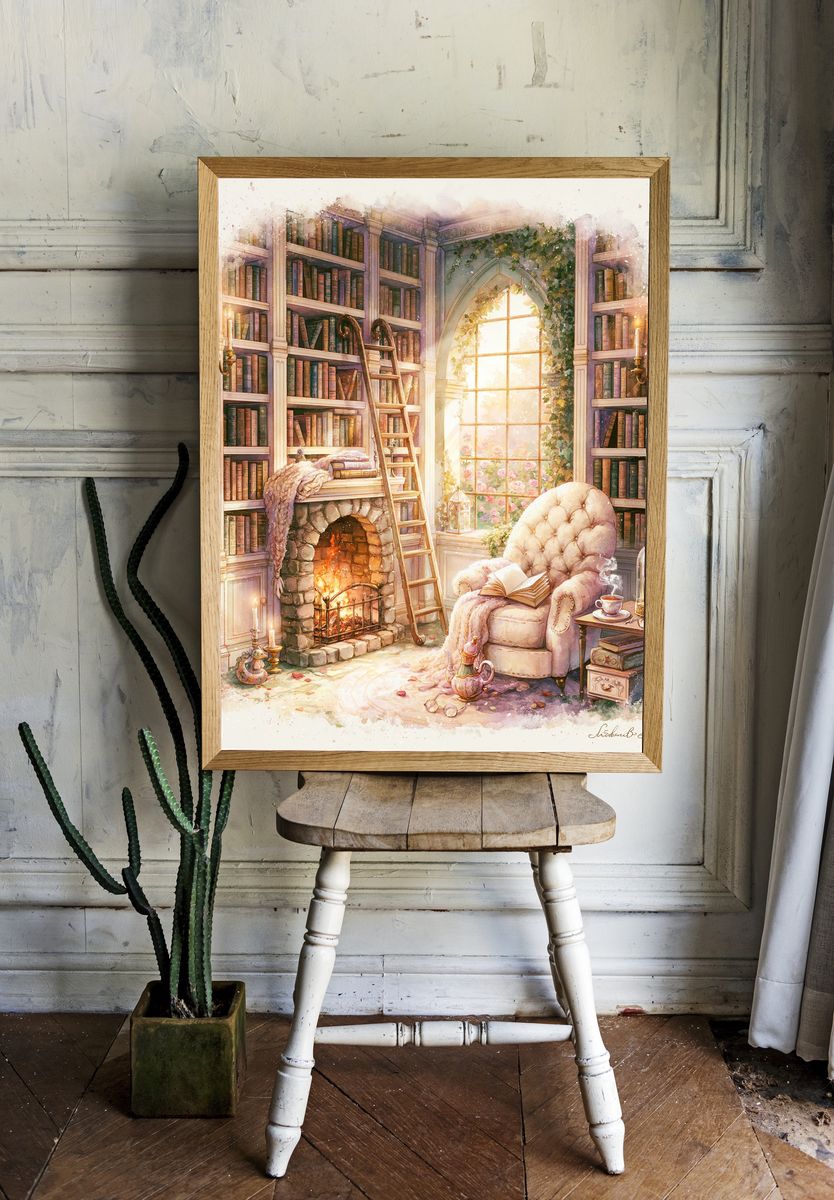 Cozy Library Reading Nook Print. — room view 1