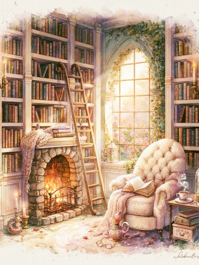 Cozy Library Reading Nook Print. poster