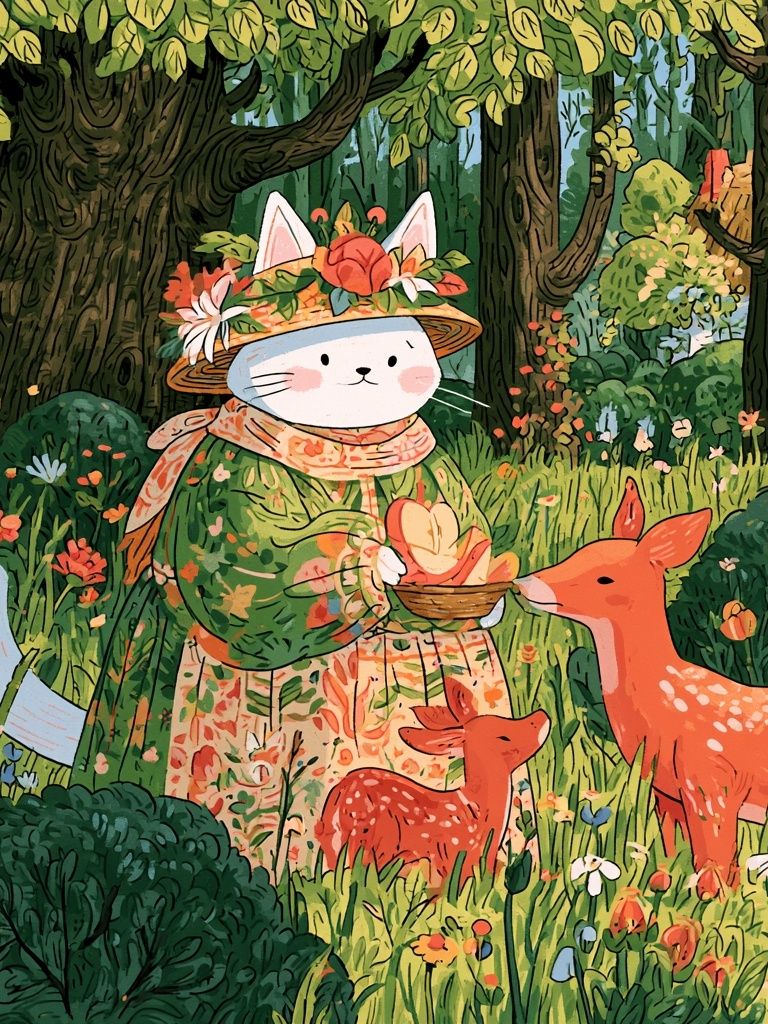 Forest Cat and Deer Illustration Poster. poster detail