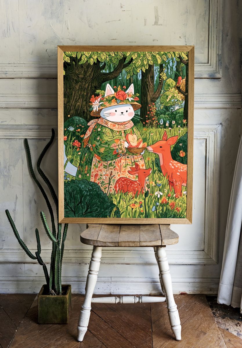 Forest Cat and Deer Illustration Poster. room preview