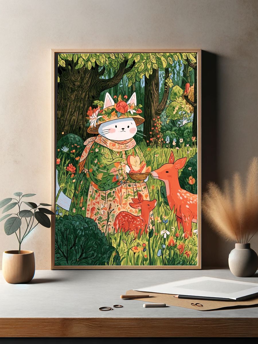 Forest Cat and Deer Illustration Poster. — room view 2