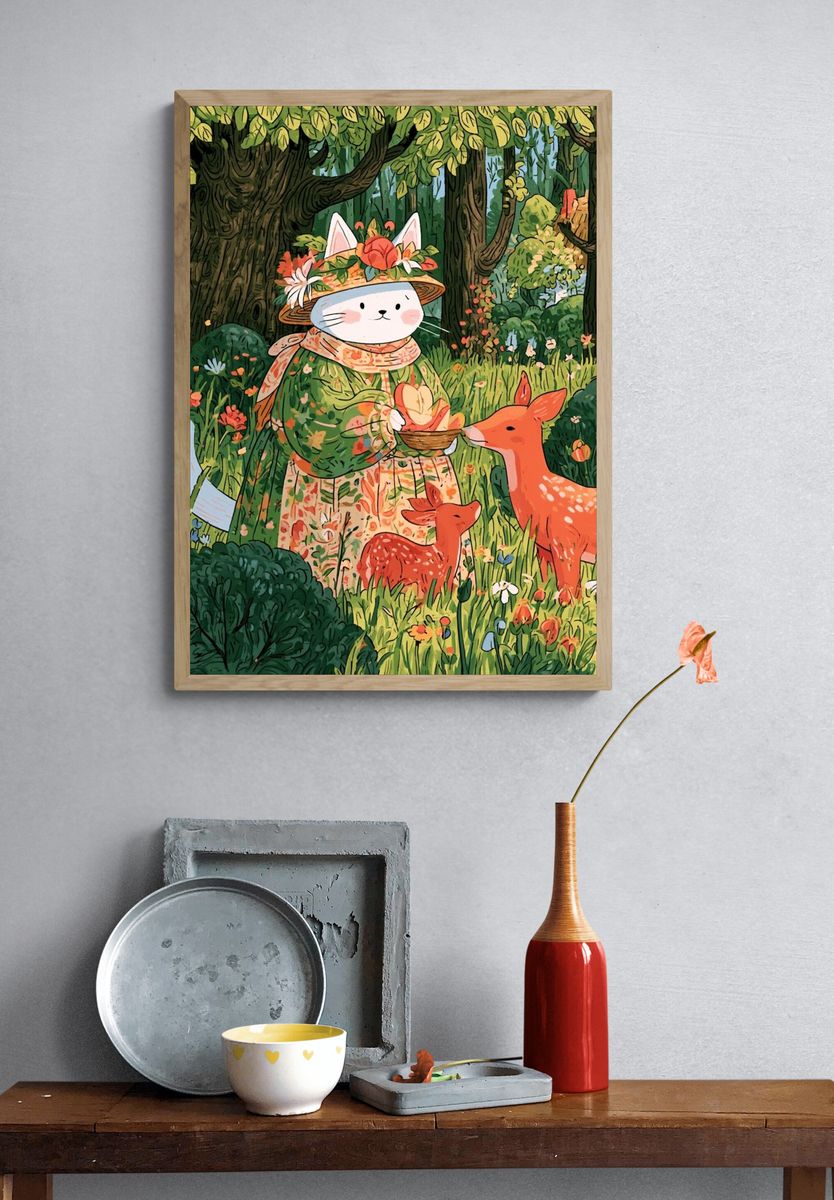 Forest Cat and Deer Illustration Poster. — room view 3