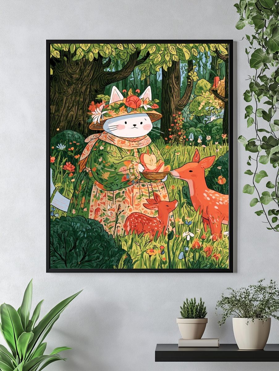 Forest Cat and Deer Illustration Poster. — room view 4