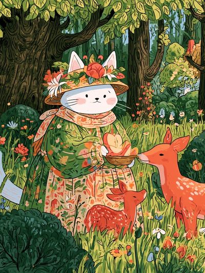Forest Cat and Deer Illustration Poster. poster