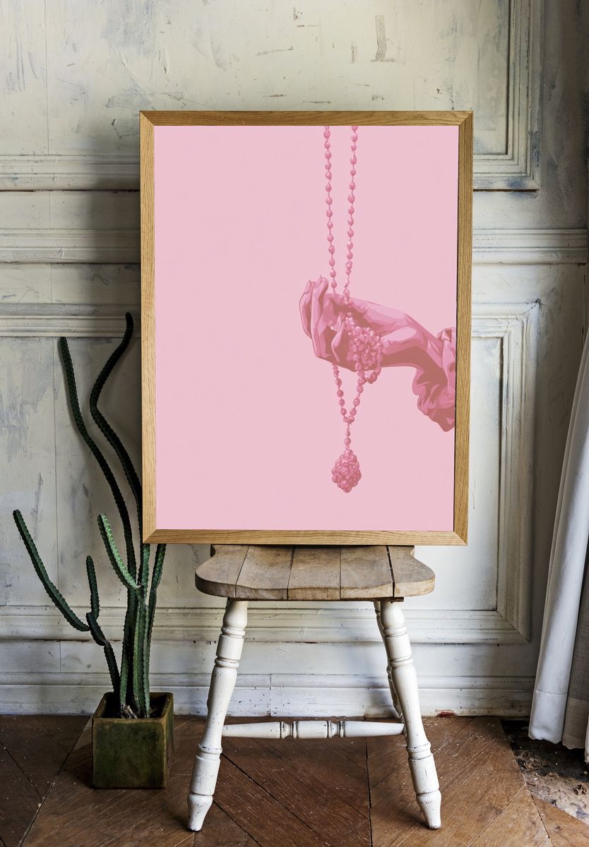 Pink Hand with Beads Illustration Print. room preview