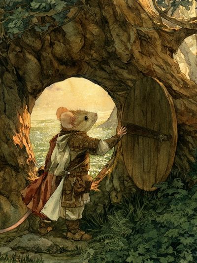 Mouse at the Tree Door Illustration Poster. poster