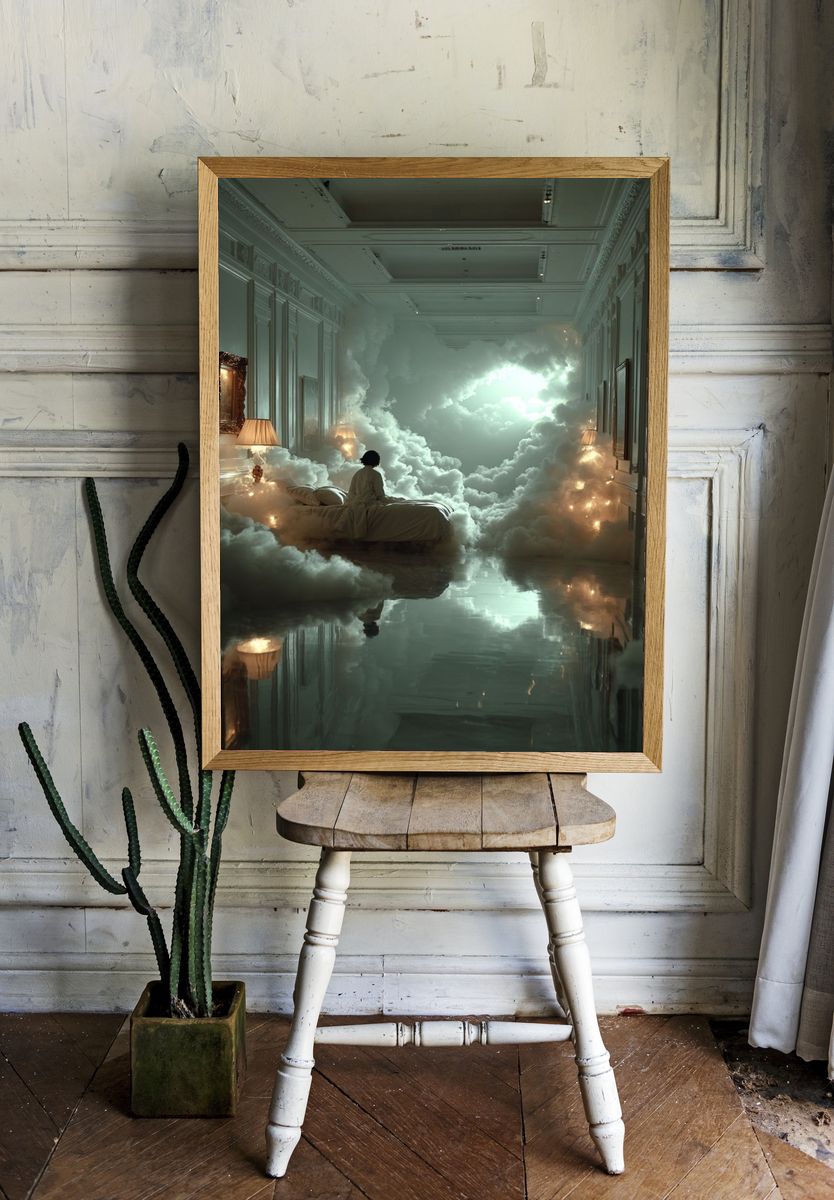 Dreamy Cloud Bedroom Surrealism Print. room preview