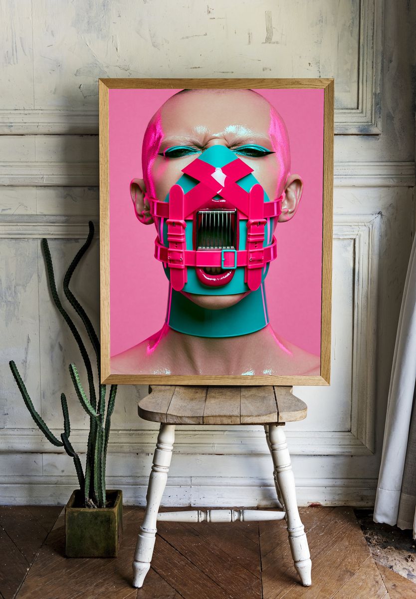Neon Cyberpunk Mask Portrait Poster. room preview
