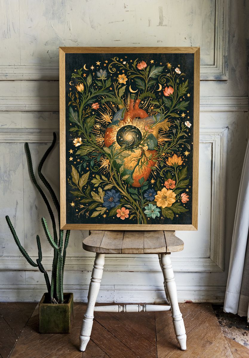 Celestial Floral Heart Illustration Poster. — room view 1