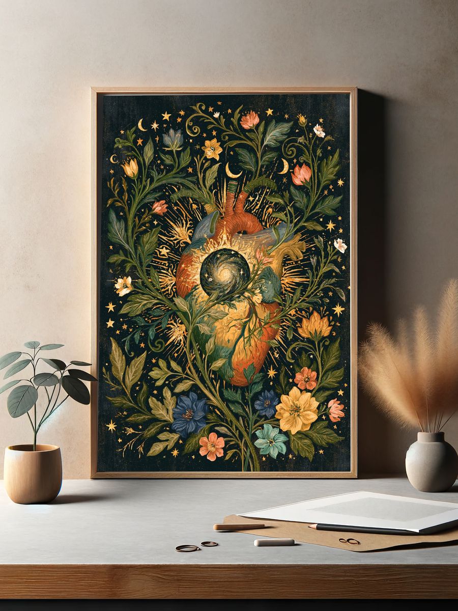 Celestial Floral Heart Illustration Poster. — room view 2