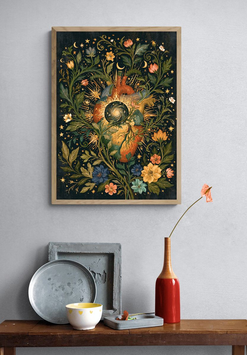 Celestial Floral Heart Illustration Poster. — room view 3