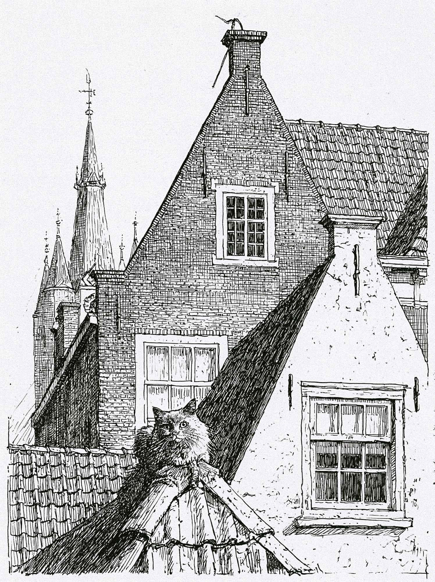 Cat on Rooftops Ink Print. poster — illustration art