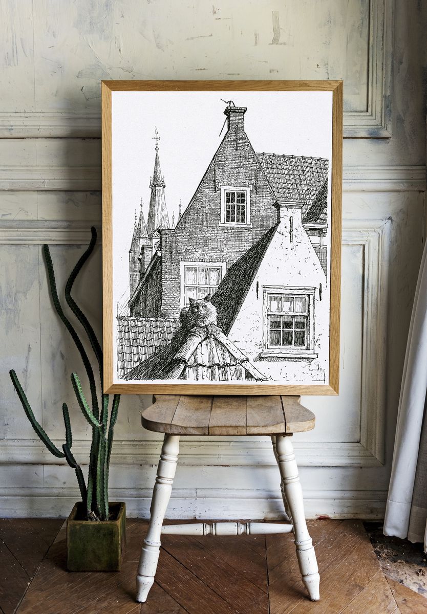 Cat on Rooftops Ink Print. — room view 1