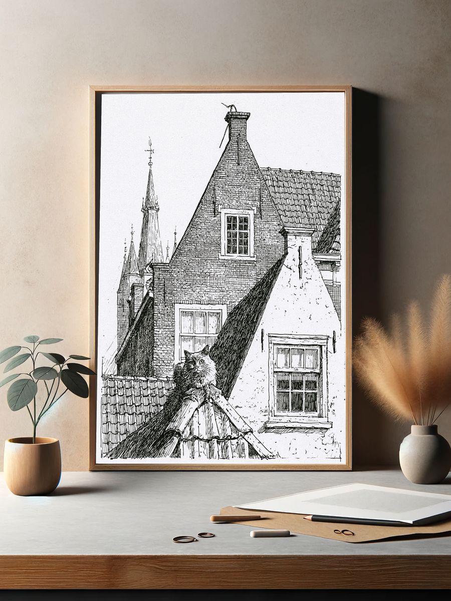 Cat on Rooftops Ink Print. — room view 2