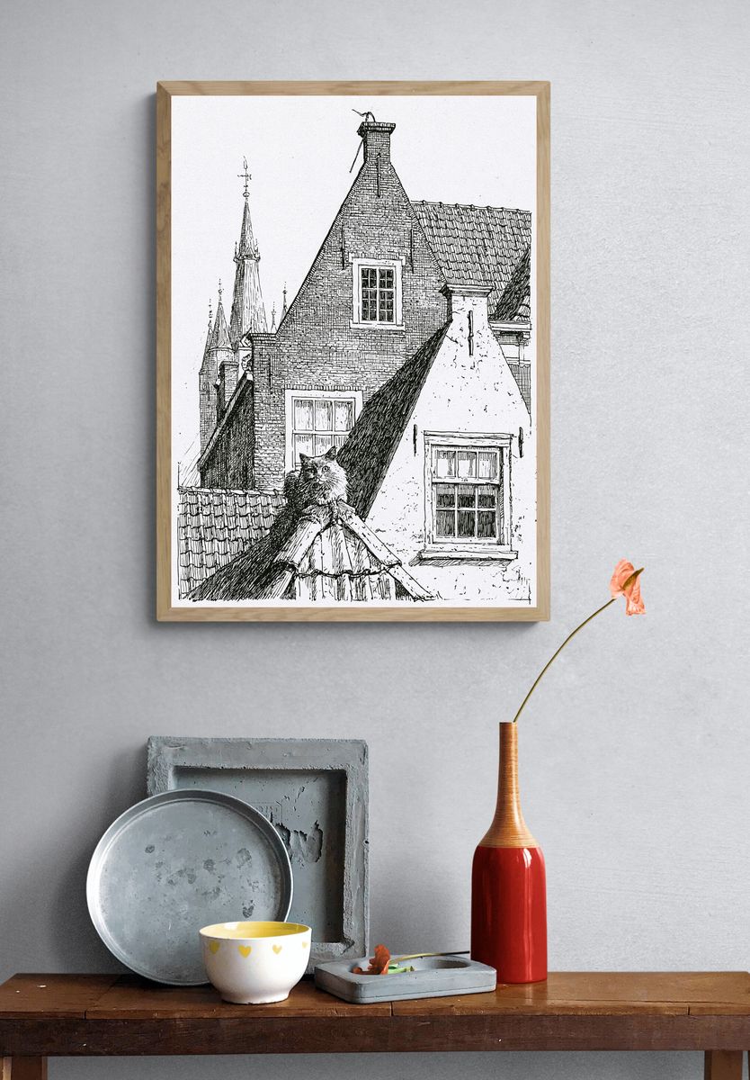 Cat on Rooftops Ink Print. — room view 3
