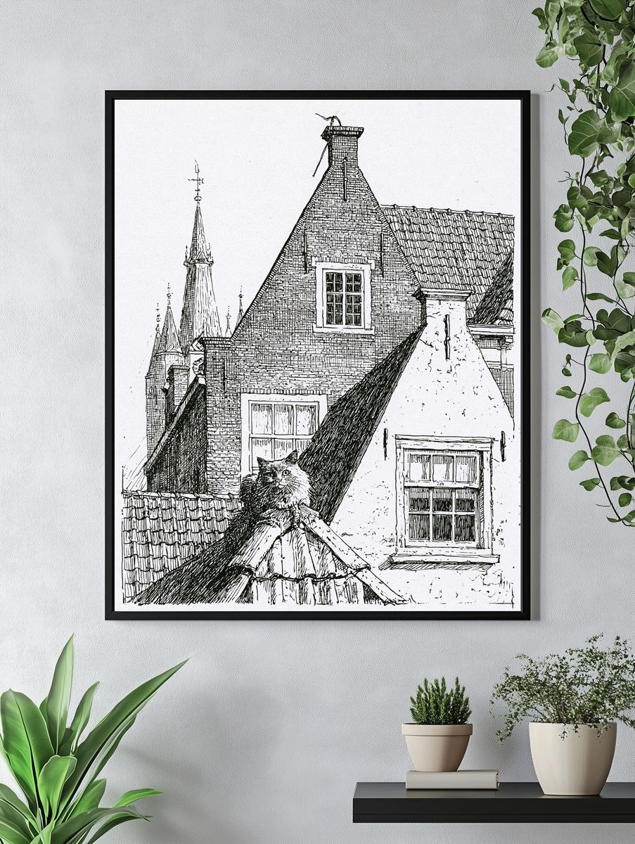 Cat on Rooftops Ink Print. — room view 4